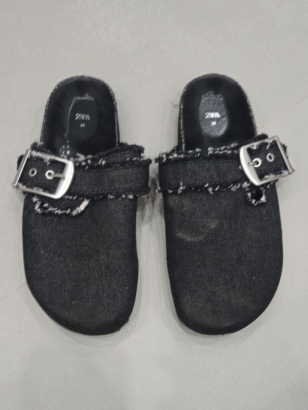 Zara Woman's Black Denim Slip-On Sandals With Buckle Size 7.5US/ 38